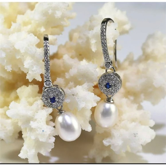 Vintage Style 925S Zirconia And Real Freshwater Drop Pearl Dangle Hook Earrings - Picture 8 of 12